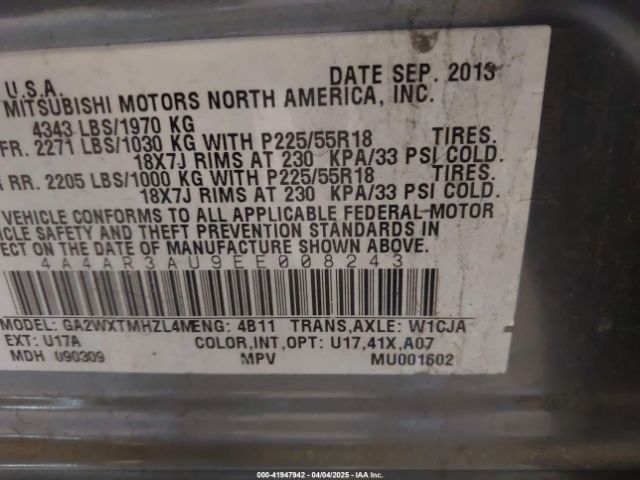 4A4AR3AU9EE008243 Mitsubishi Outlander Sport Es