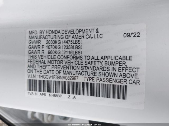 2022 HONDA ACCORD 1HGCV1F38NA082987 Photo 8