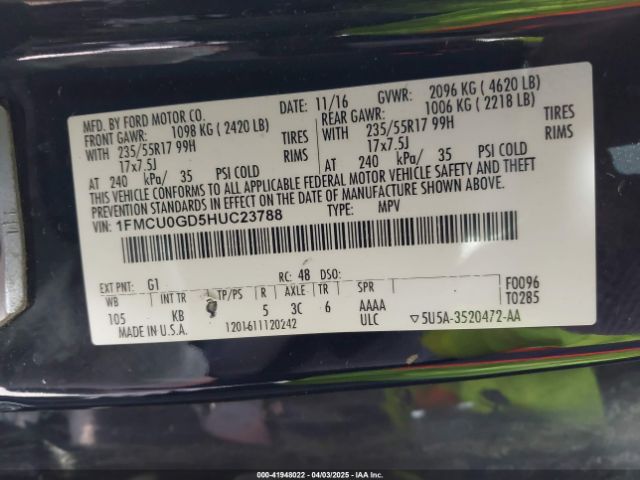 1FMCU0GD5HUC23788 Ford ESCAPE SE