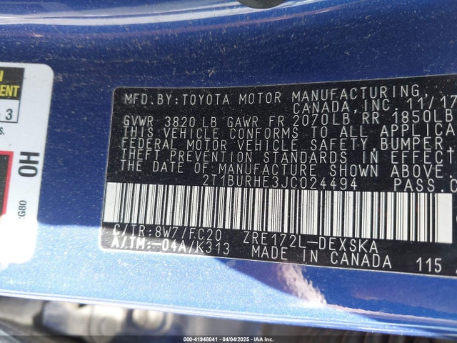 2T1BURHE3JC024494 Toyota COROLLA SE