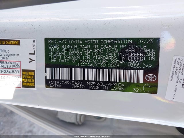 JTDACAAUXP3012538 Toyota m20a-fxs, 1vm