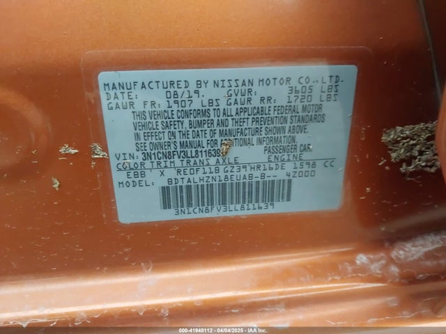 3N1CN8FV3LL811639 Nissan Versa Sr Xtronic Cvt