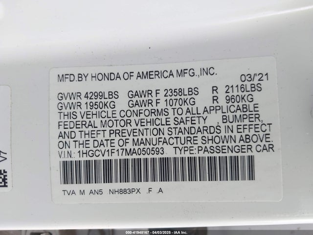 1HGCV1F17MA050593 Honda ACCORD LX