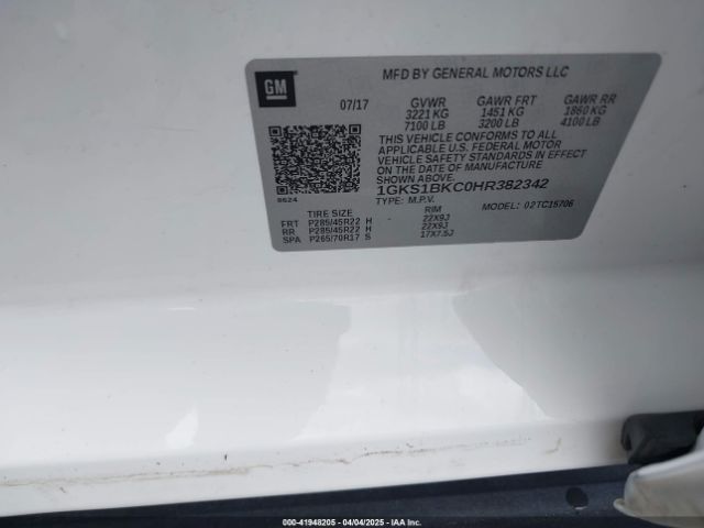 1GKS1BKC0HR382342 GMC YUKON SLT