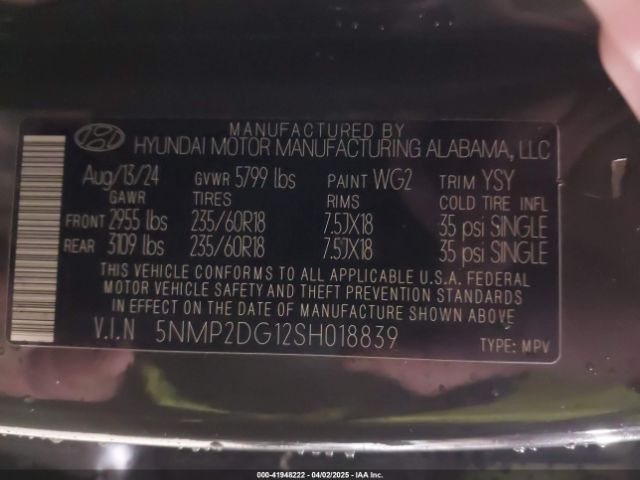 5NMP2DG12SH018839 Hyundai Santa Fe Hybrid Sel