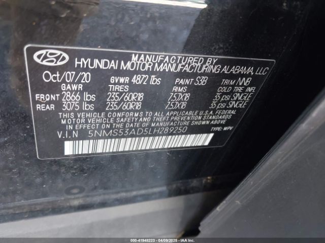5NMS53AD5LH289250 Hyundai Santa Fe Limited