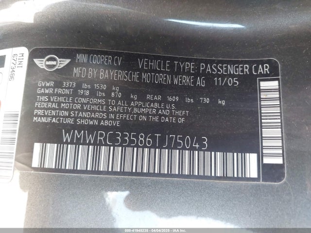 2006 MINI COOPER WMWRC33586TJ75043 Photo 8