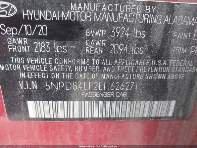 5NPD84LF2LH626271 Hyundai ELANTRA SEL