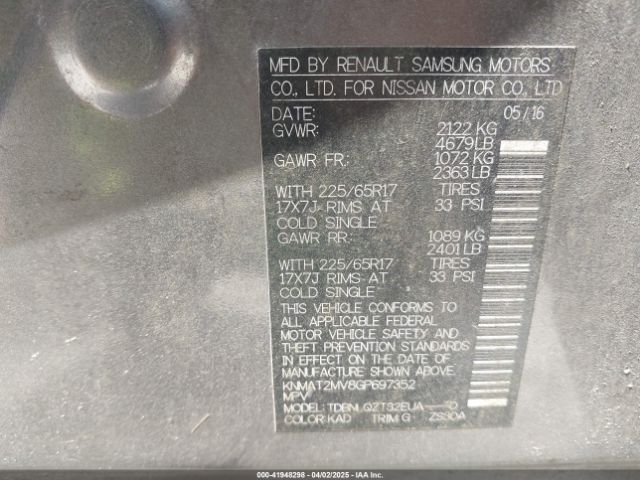 KNMAT2MV8GP697352 Nissan ROGUE SV