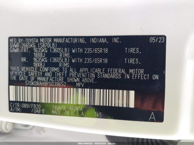 5TDKDRAH9PS039652 Toyota Highlander Le