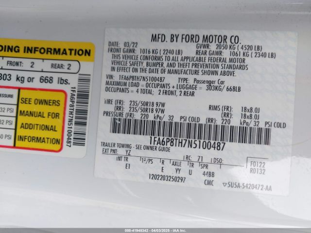 1FA6P8TH7N5100487 Ford Mustang Ecoboost Premium Fastback