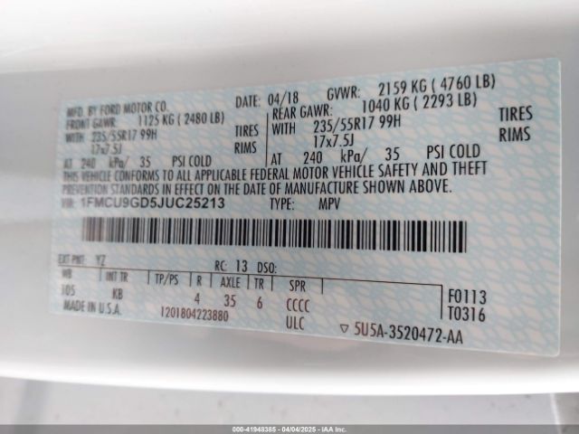 1FMCU9GD5JUC25213 Ford ESCAPE SE