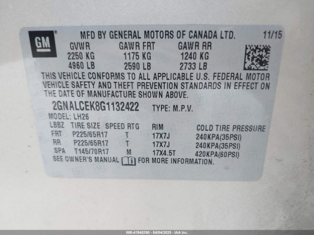 2GNALCEK8G1132422 Chevrolet EQUINOX LT