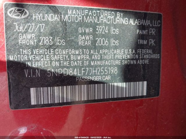 5NPD84LF7JH255198 Hyundai mpi nu