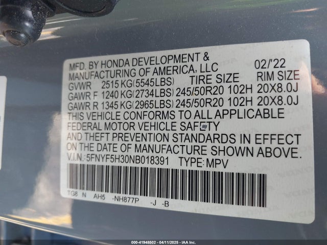 5FNYF5H30NB018391 Honda Pilot 2wd Sport