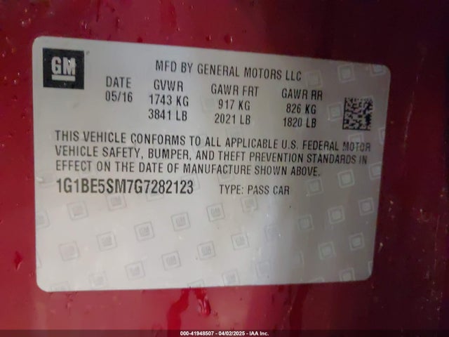 1G1BE5SM7G7282123 Chevrolet Cruze Lt Auto