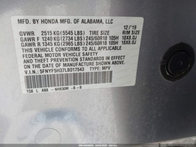 5FNYF5H37LB017543 Honda Pilot 2wd Ex