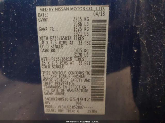 5N1DR2MM5JC654942 Nissan Pathfinder Sv