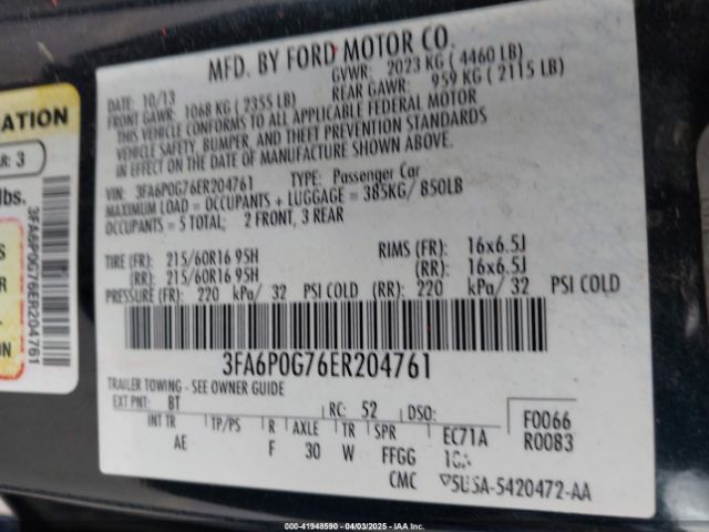 3FA6P0G76ER204761 Ford FUSION S