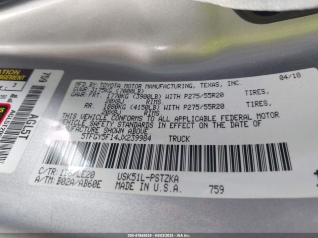 5TFGY5F14JX239984 Toyota Tundra Platinum 5.7l V8