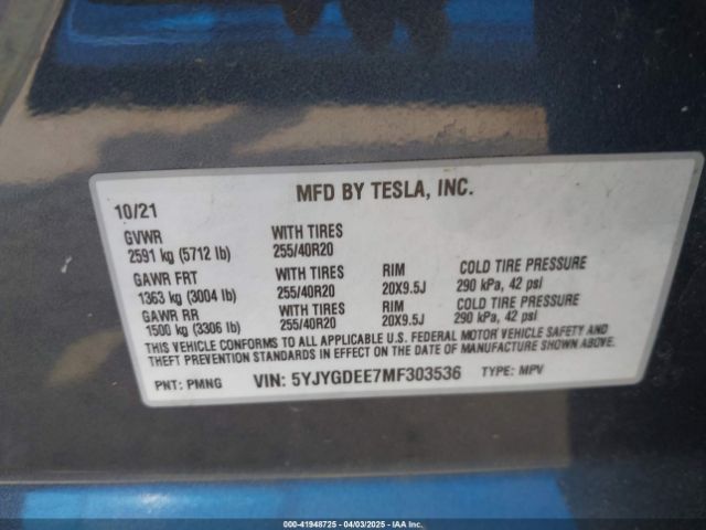 5YJYGDEE7MF303536 Tesla Model Y Long Range Dual Motor All-wheel Drive