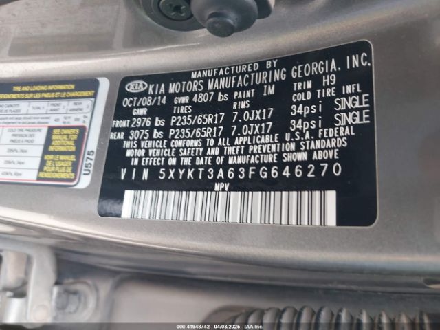 5XYKT3A63FG646270 KIA SORENTO LX