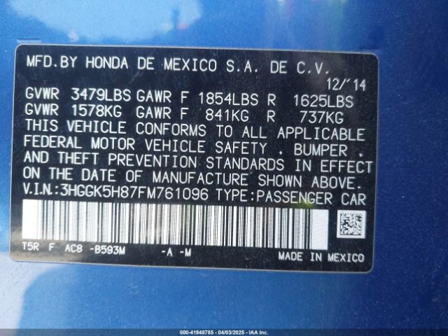 3HGGK5H87FM761096 Honda Fit Ex/ex-l