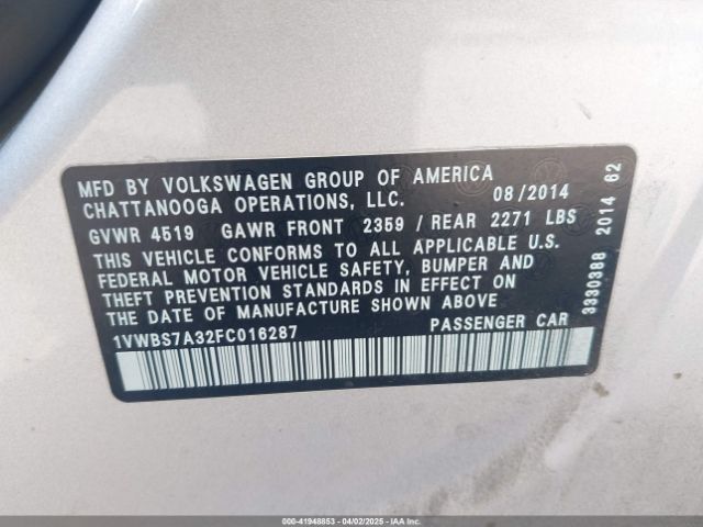 1VWBS7A32FC016287 Volkswagen Passat 1.8t Se
