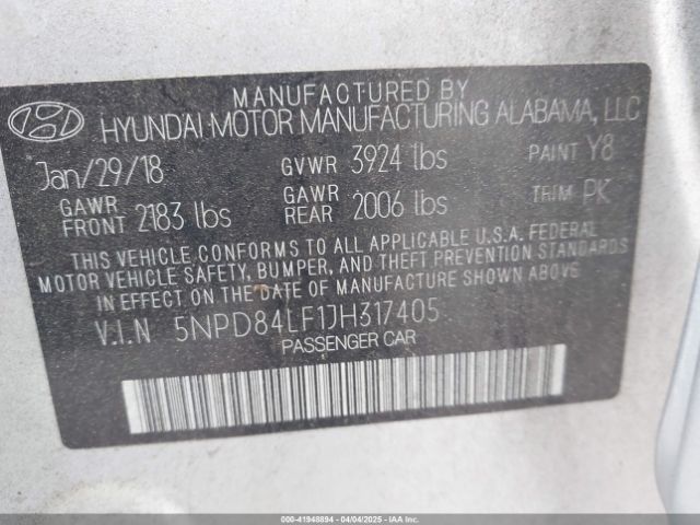 5NPD84LF1JH317405 Hyundai ELANTRA SEL