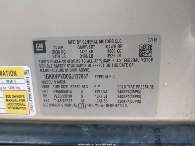 1GKKVPKD6GJ127847 GMC Acadia Sle-2