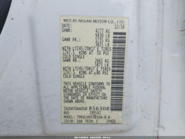 5BZAF0AA0GN856308 Nissan Nv Passenger Nv3500 Hd Sl V8