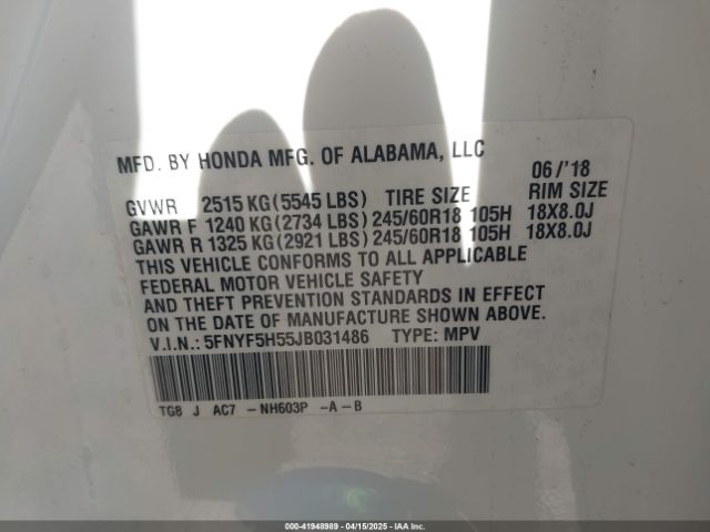 5FNYF5H55JB031486 Honda Pilot Ex-l