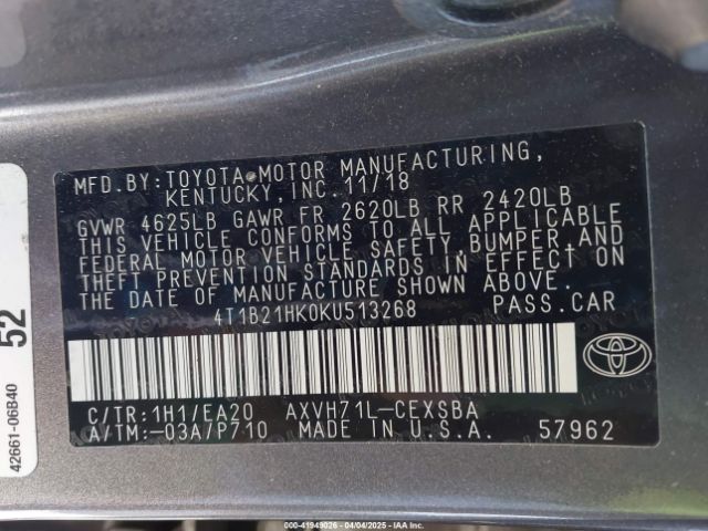 4T1B21HK0KU513268 Toyota Camry Hybrid Se