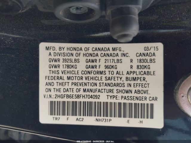 2HGFB6E58FH704092 Honda k24z7