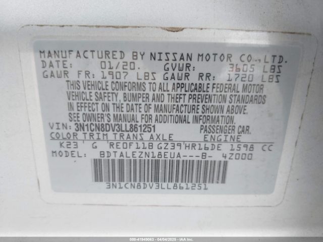 3N1CN8DV3LL861251 Nissan Versa S Xtronic Cvt
