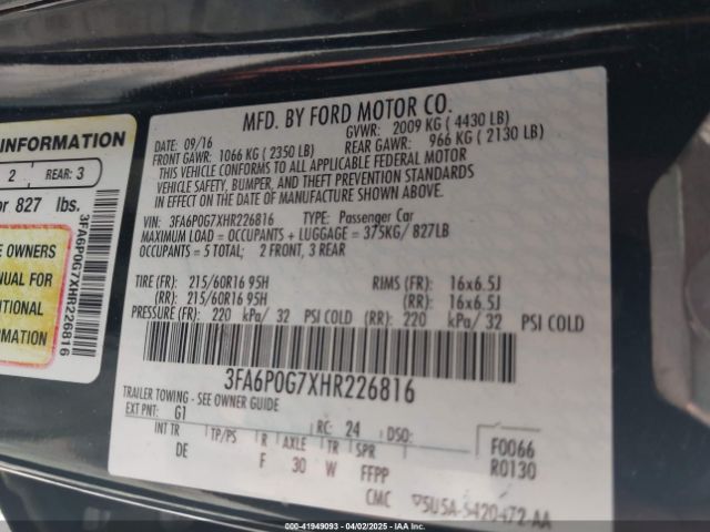 3FA6P0G7XHR226816 Ford FUSION S