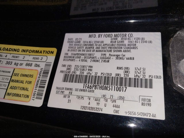 Ford Mustang Ecoboost Fastback 2021 1FA6P8TH0M5110017 Image 9