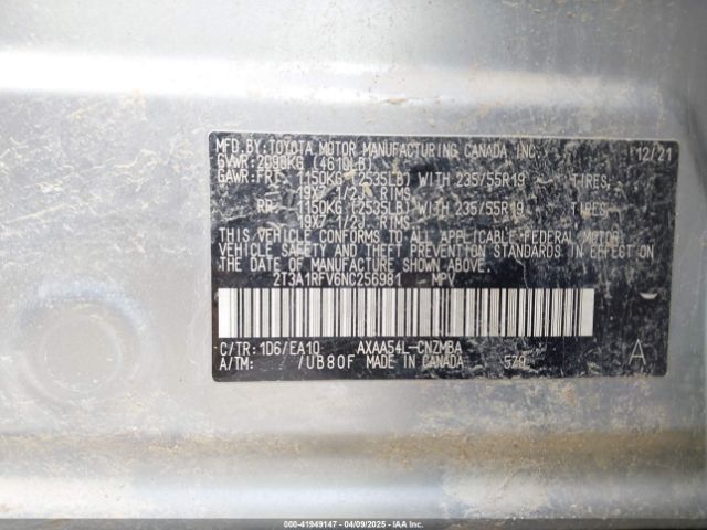 2T3A1RFV6NC256981 Toyota Rav4 Xle Premium