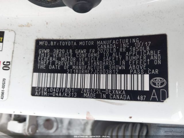 2T1BURHE7JC003812 Toyota COROLLA LE