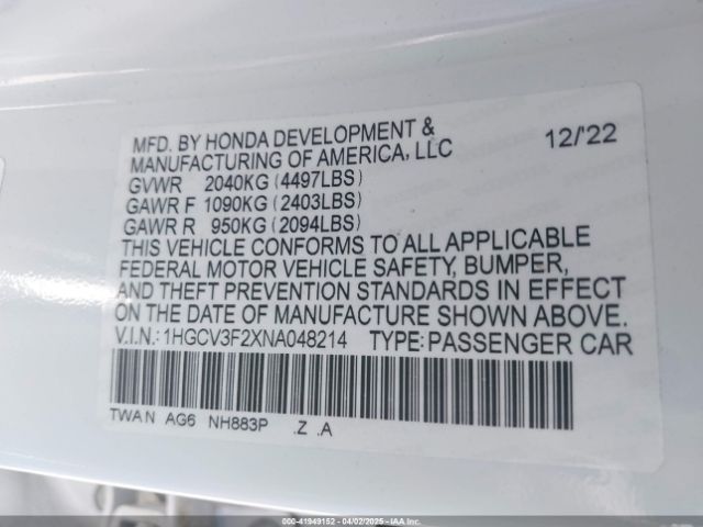 1HGCV3F2XNA048214 Honda Accord Hybrid Sport