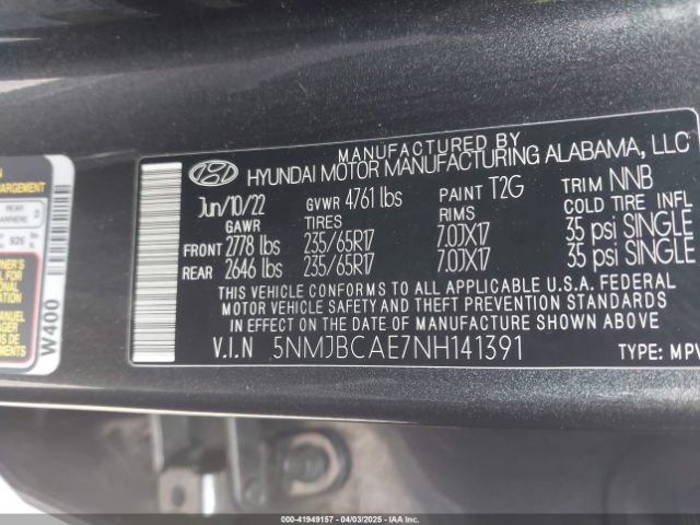 5NMJBCAE7NH141391 Hyundai TUCSON SEL