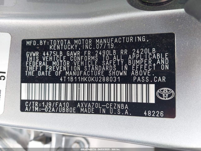 4T1B11HK0KU288031 Toyota CAMRY LE