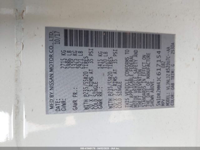 5N1DR2MM4JC617154 Nissan Pathfinder Platinum