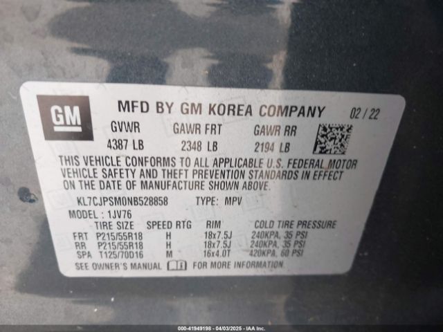 KL7CJPSM0NB528858 Chevrolet Trax Awd Lt