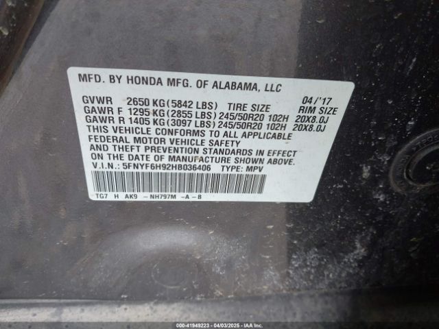 5FNYF6H92HB036406 Honda Pilot Touring