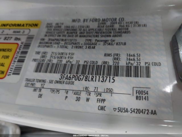3FA6P0G78LR113715 Ford Fusion