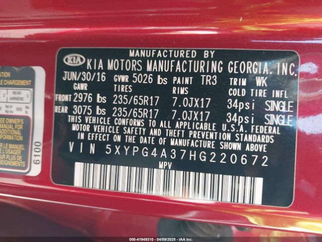 5XYPG4A37HG220672 KIA Sorento 2.4l Lx