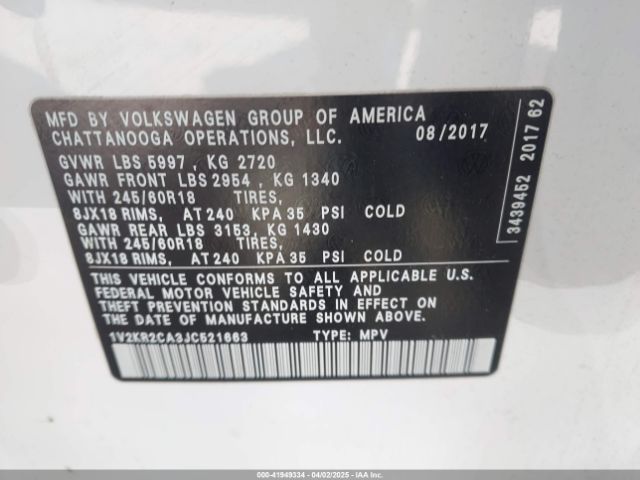 1V2KR2CA3JC521663 Volkswagen Atlas 3.6l V6 Se