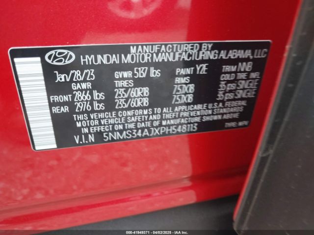 5NMS34AJXPH548113 Hyundai Santa Fe Sel