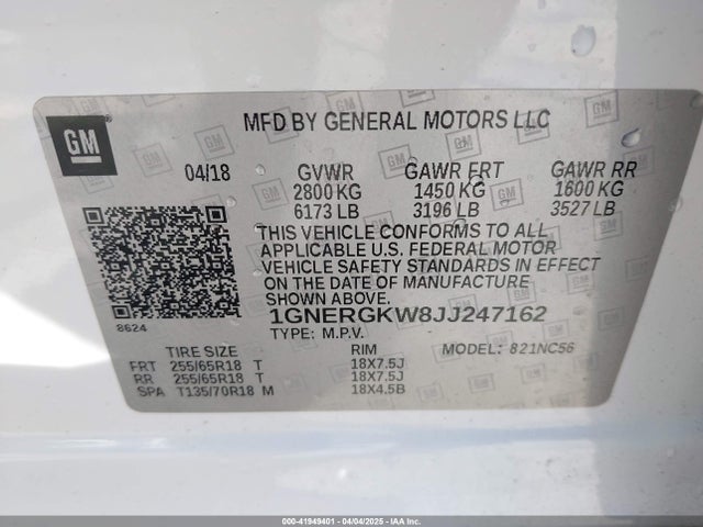 1GNERGKW8JJ247162 Chevrolet Traverse 1lt